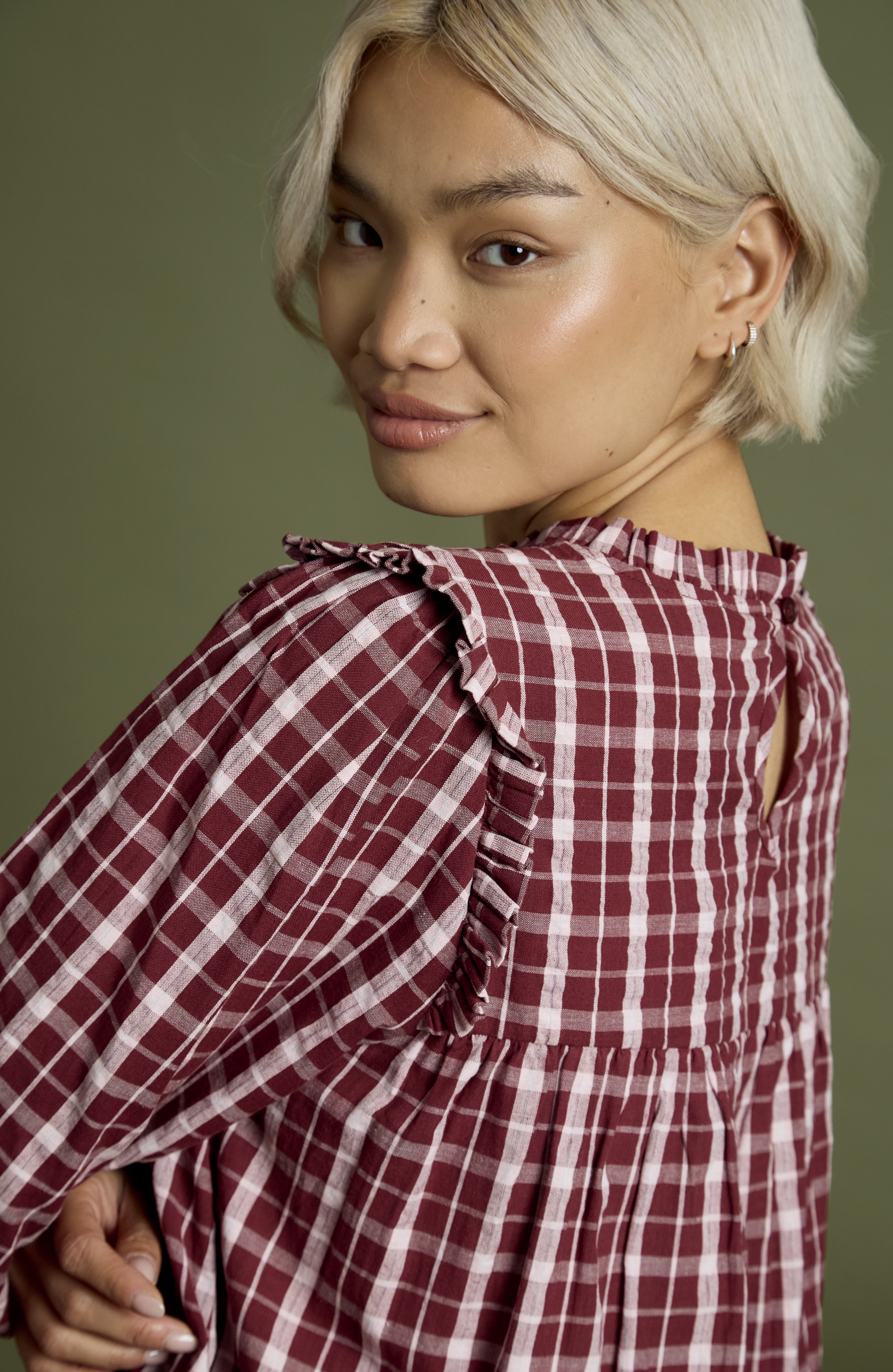 Mia High Neck Textured Check Mini Smock Dress