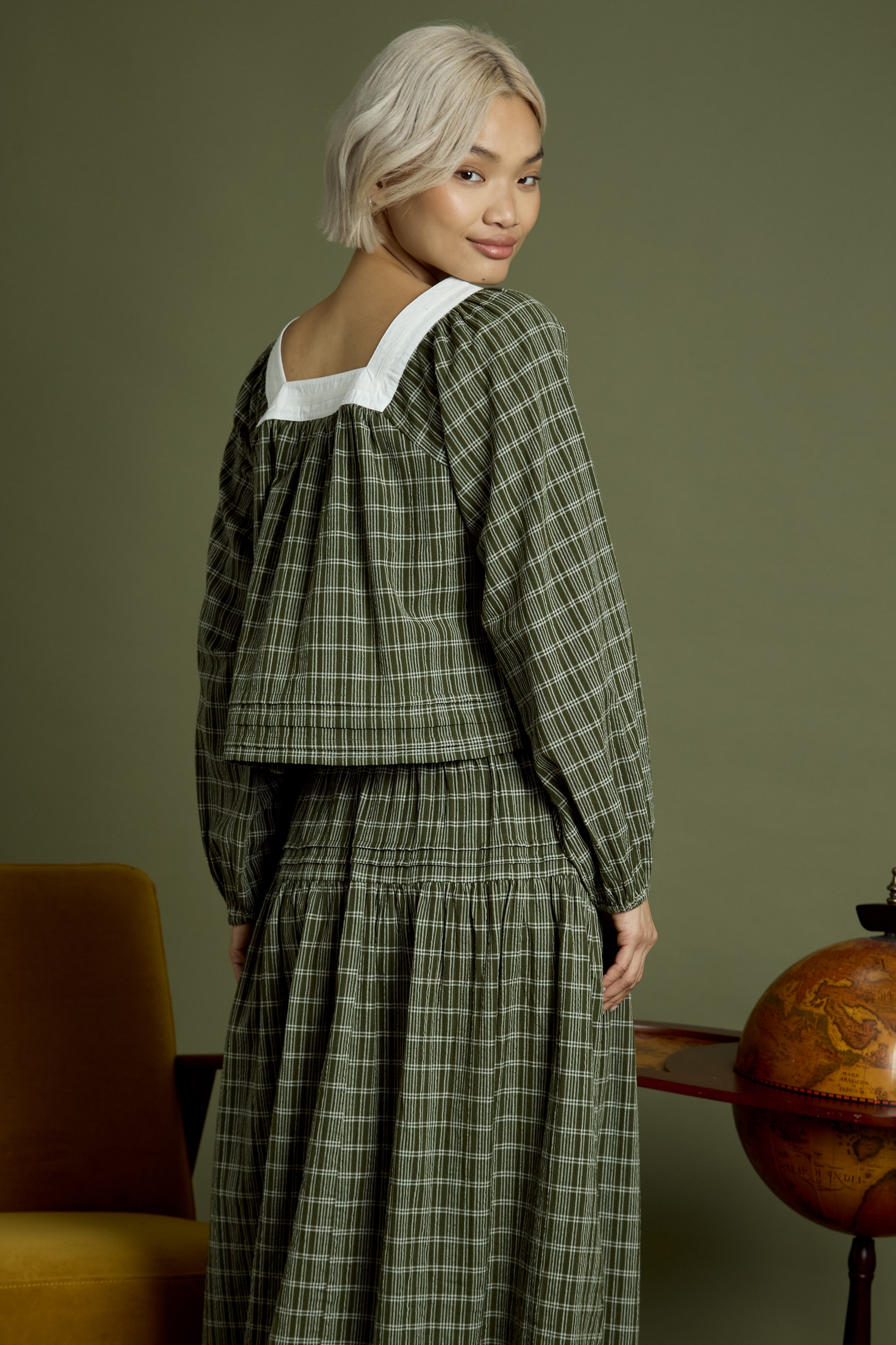 Flora Check Square Collar Balloon Sleeve Blouse