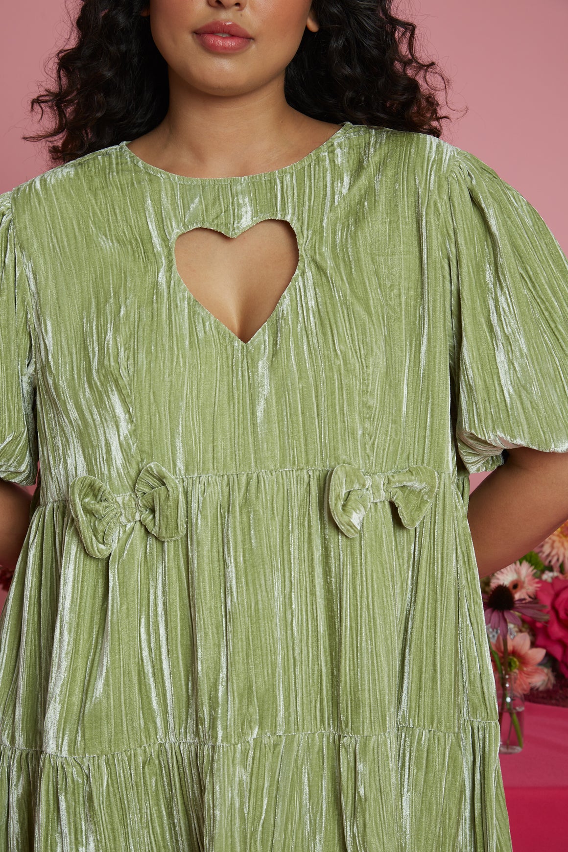 Jolene Green Crushed Velvet Smock Dress - Curve
