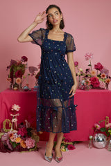 Evelyn Rainbow Star print Navy Tulle Midi Dress