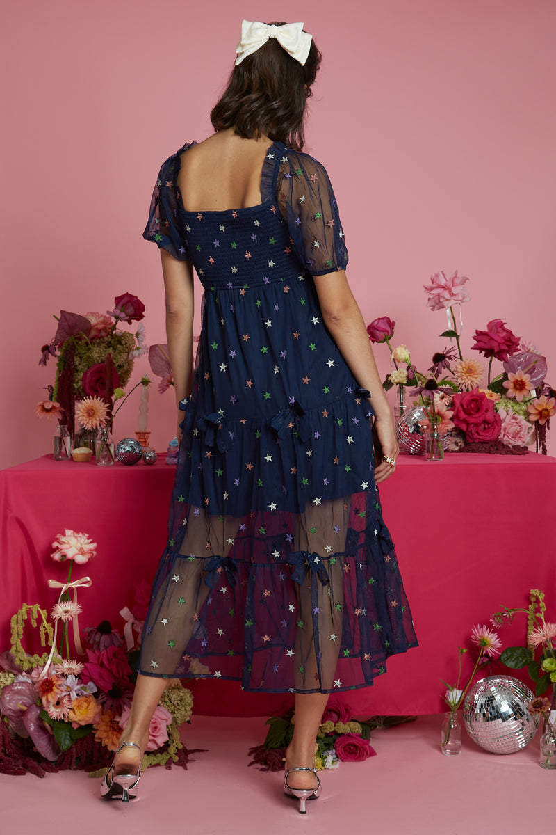 Evelyn Rainbow Star print Navy Tulle Midi Dress