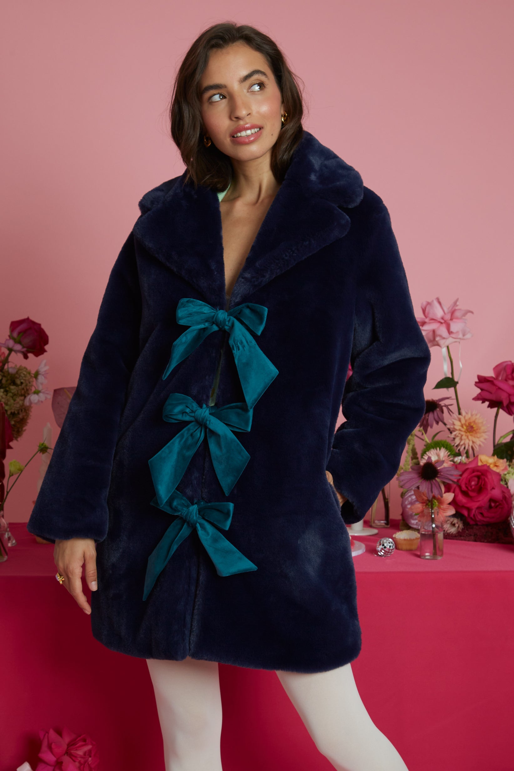 Anais Bow Detail Faux Fur Midi Coat