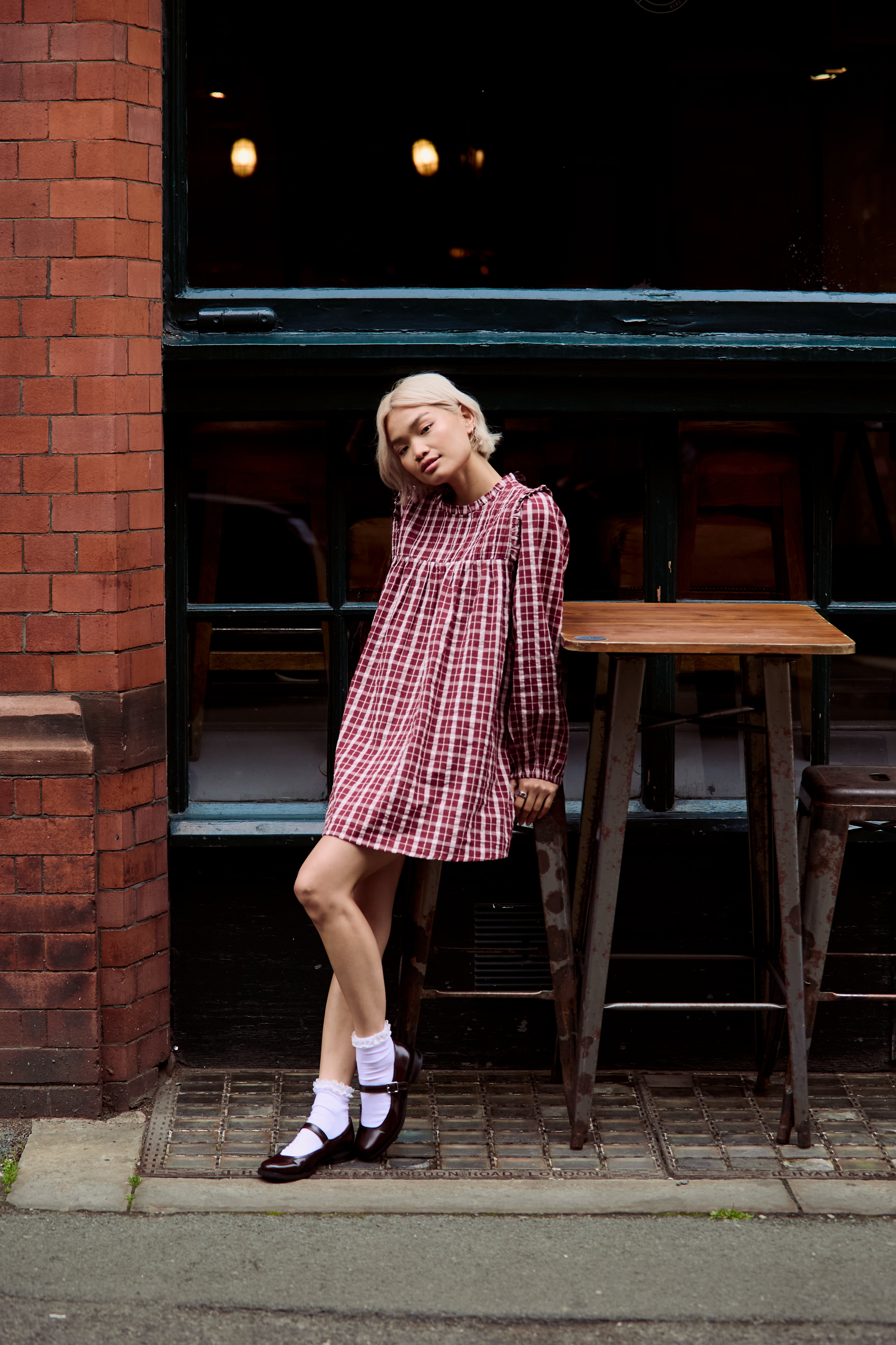 Mia High Neck Textured Check Mini Smock Dress
