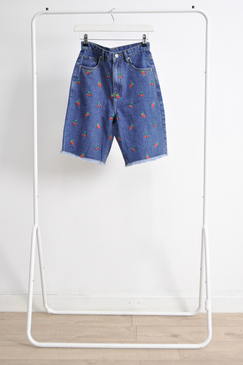 Dolly Fruit Embroidery Denim Shorts - Blue