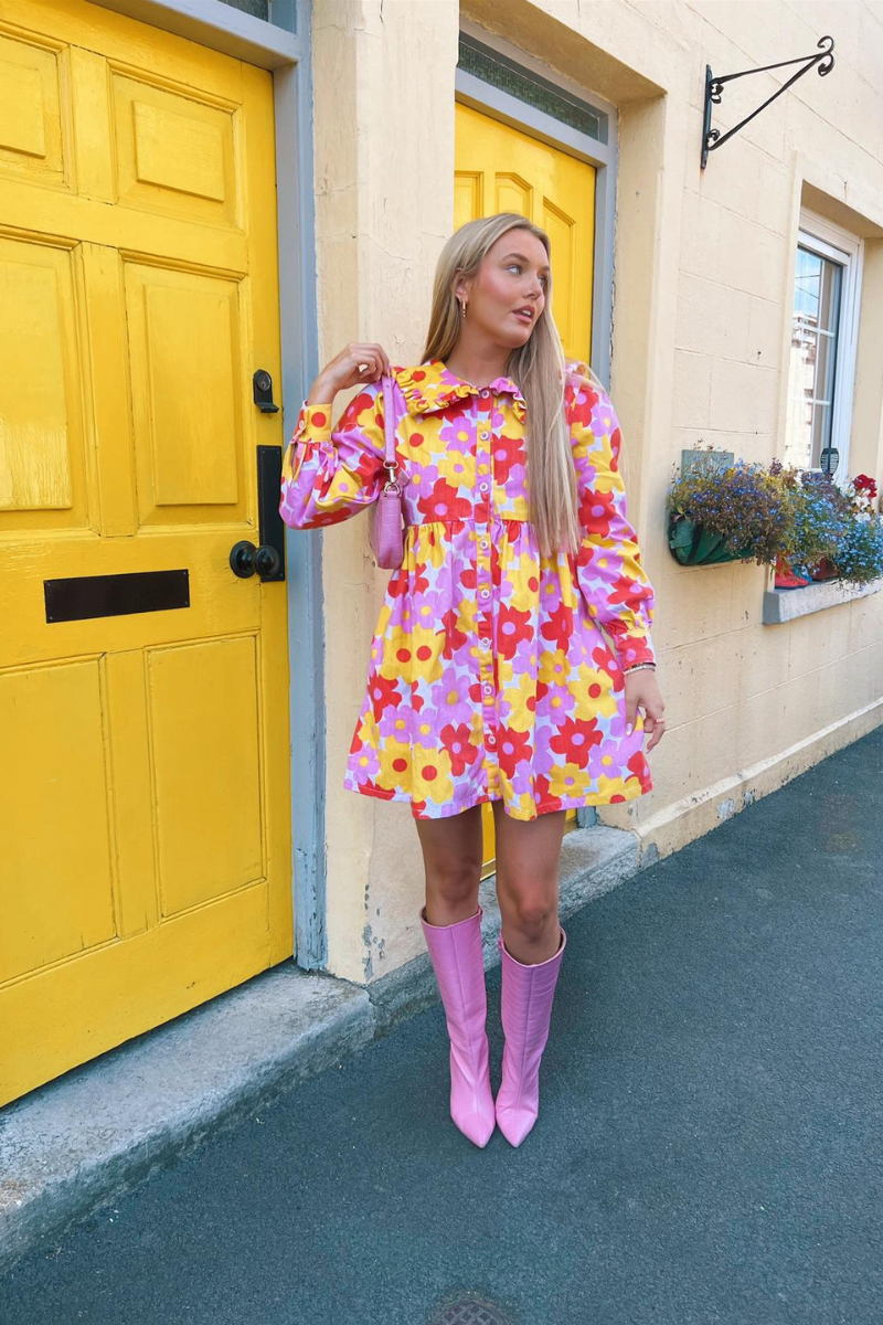 Iris Denim Mini Dress With Frill Collar - Pink