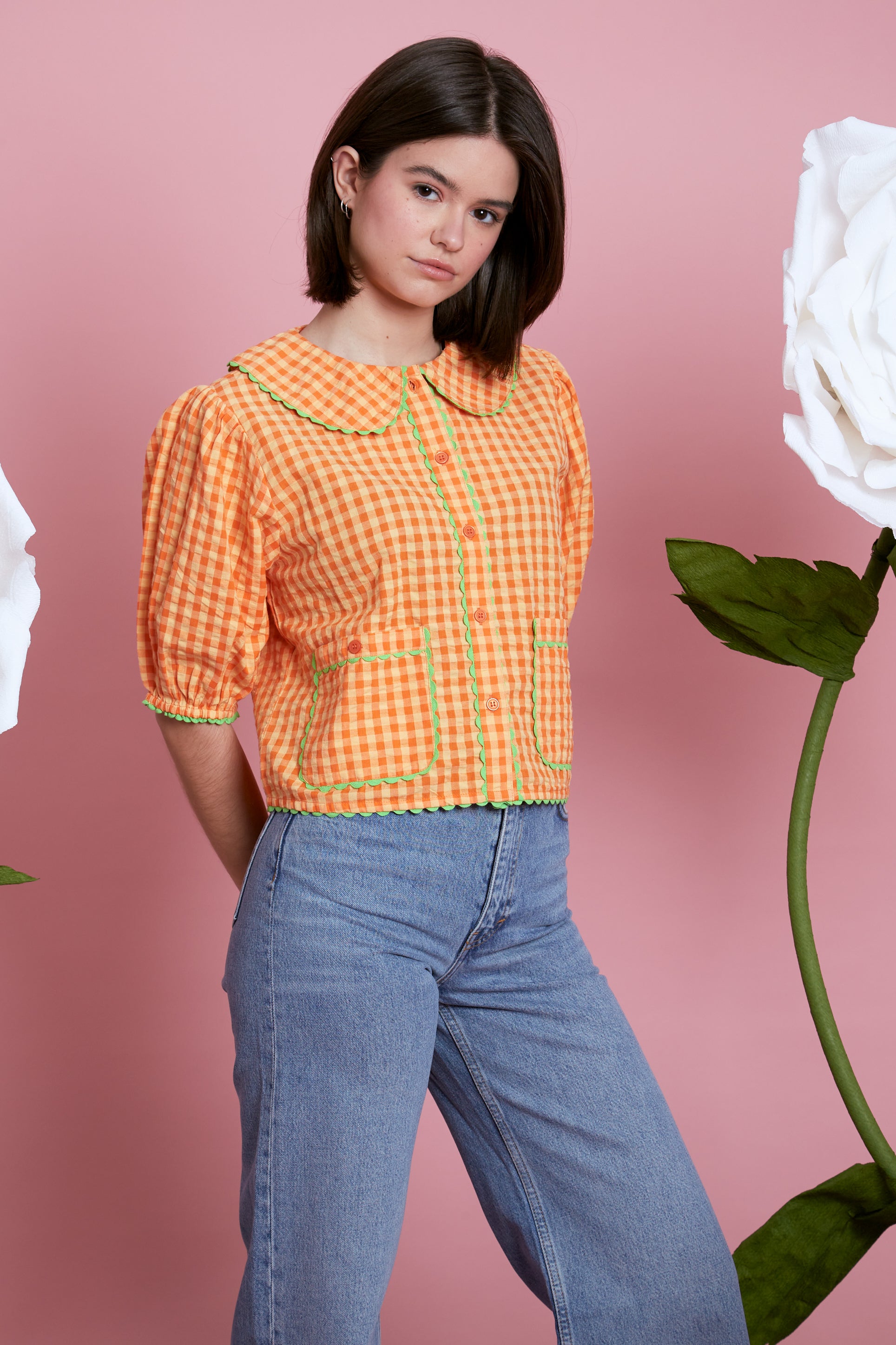 Nikita Cropped Gingham Shirt - Orange
