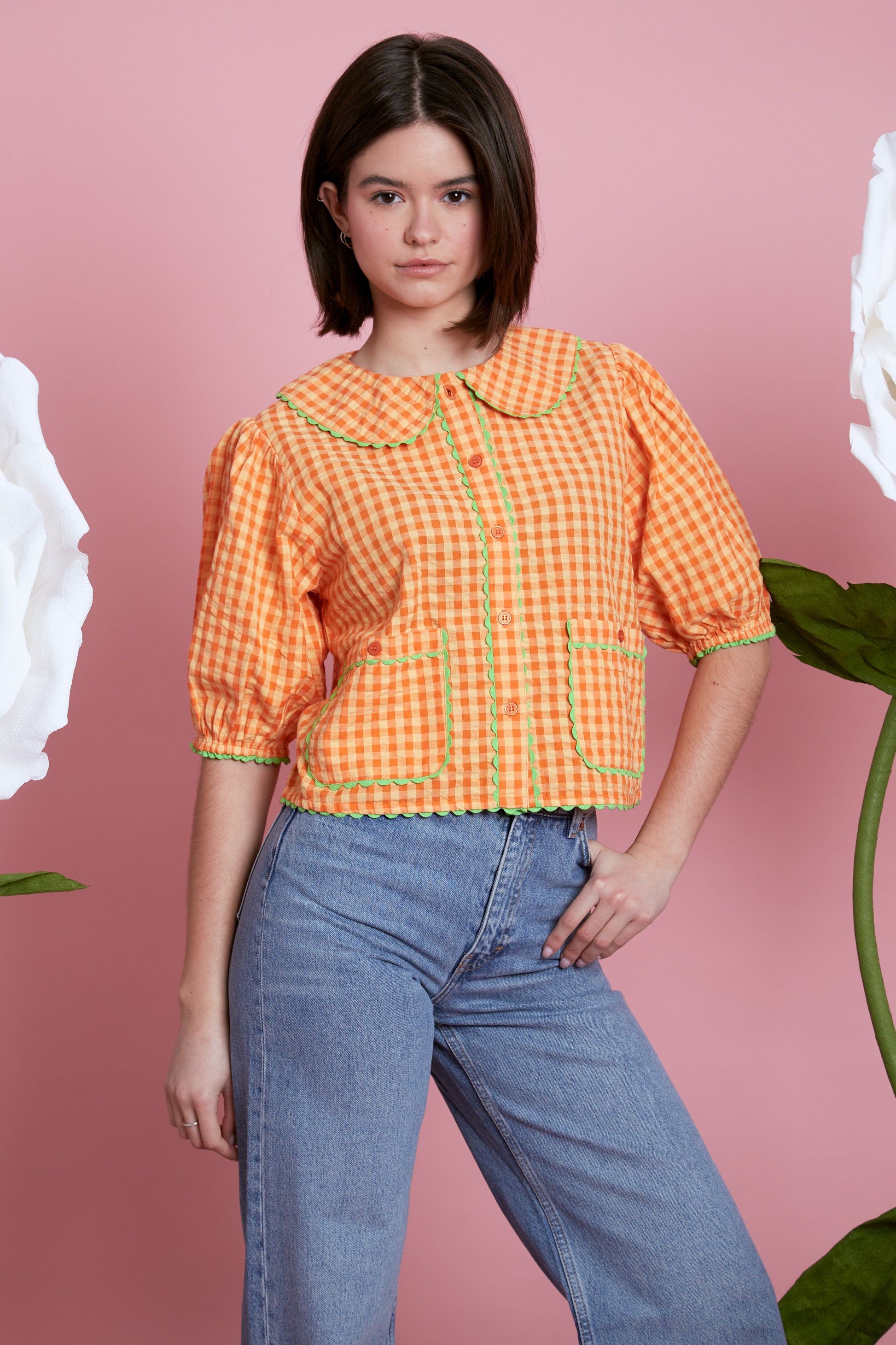 Nikita Cropped Gingham Shirt - Orange