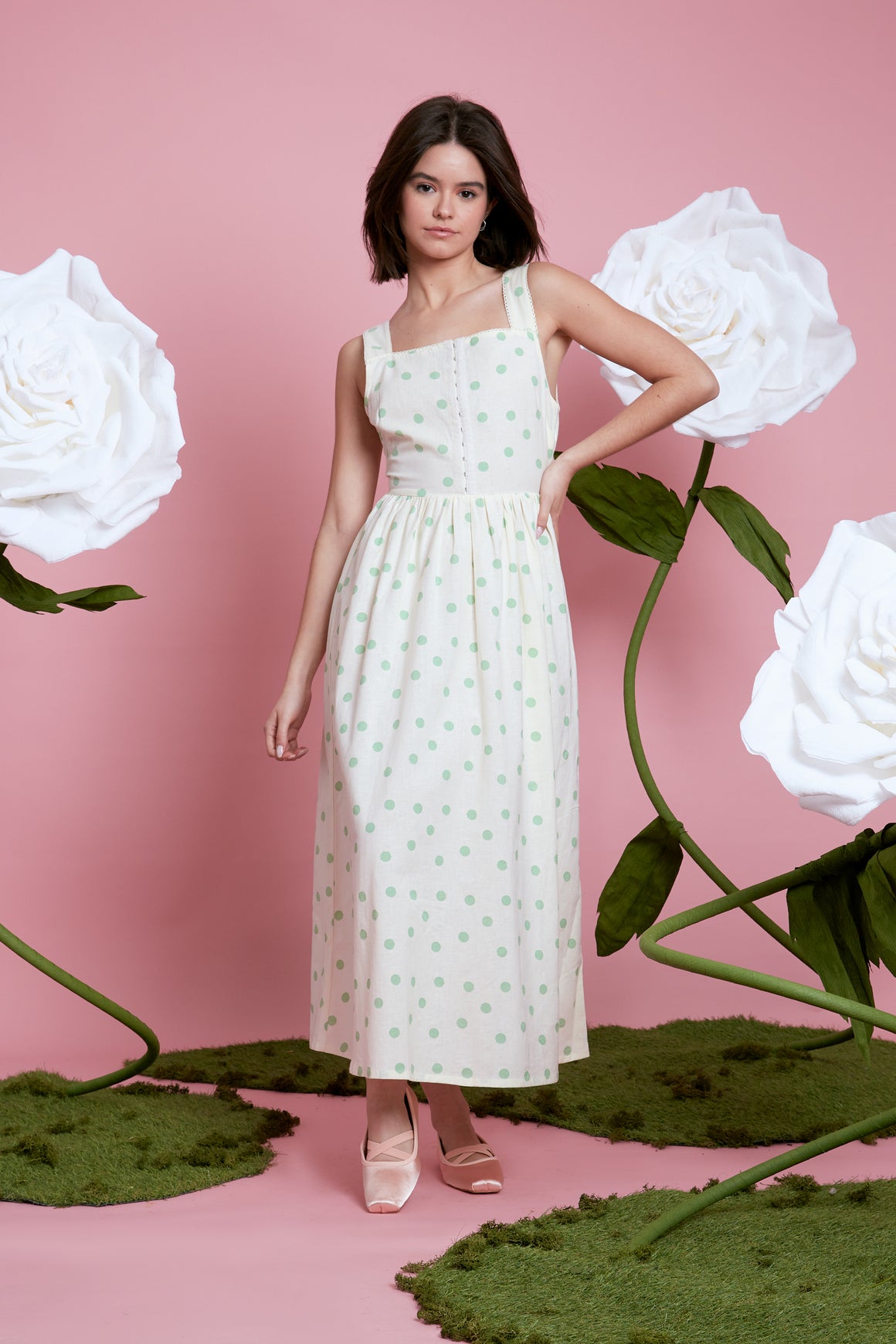 Priscilla Midi Polka Dot Dress - Green