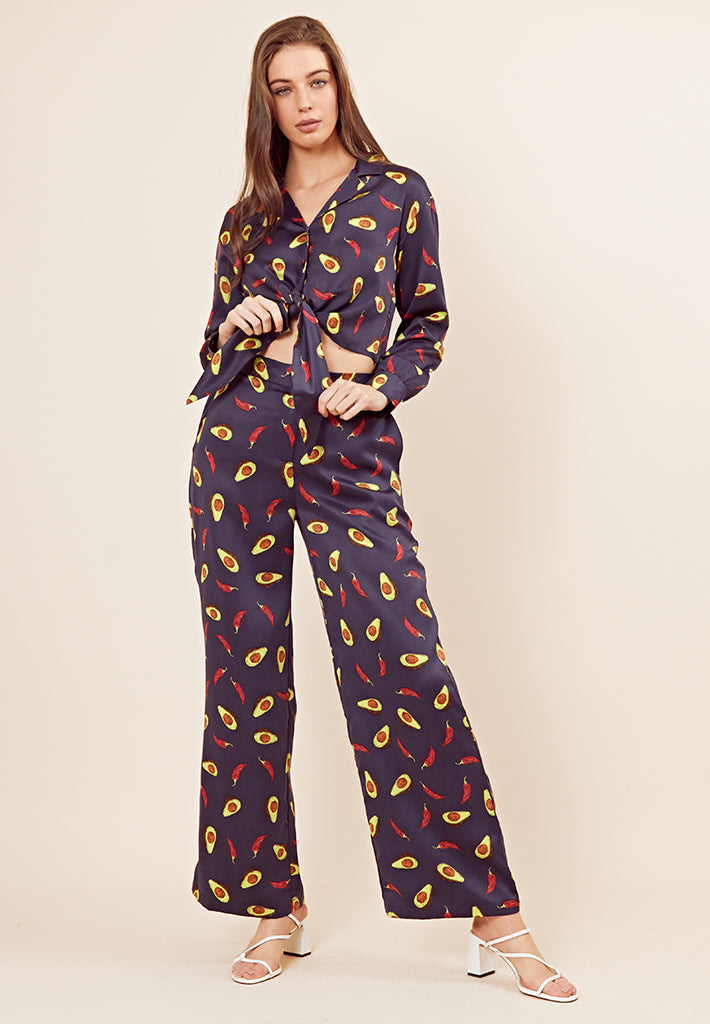 Avocado Satin Tie-Front Blouse <br> Navy