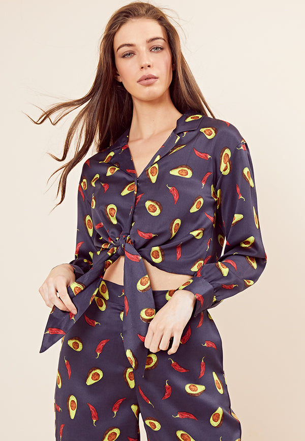 Avocado Satin Tie-Front Blouse <br> Navy