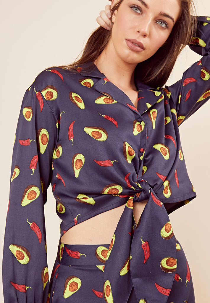 Avocado Satin Tie-Front Blouse <br> Navy