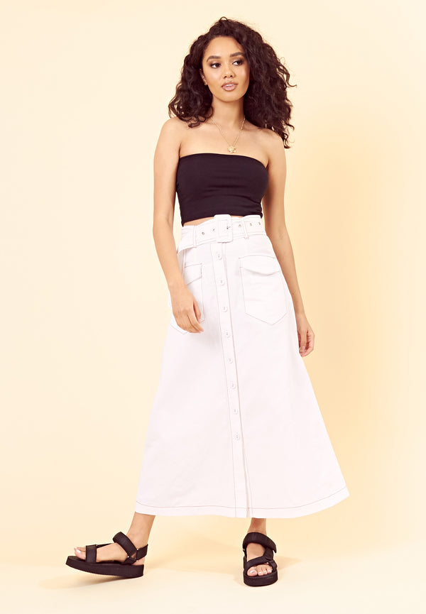 Contrast Stitch Utility Belted Maxi Skirt <br> White
