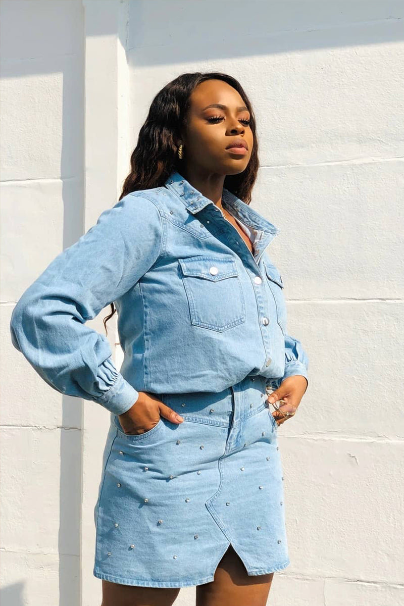 Gem Embellished Denim Mini Skirt Blue
