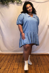 Denim Smock Dress with Contrast Collar <br/> Curve