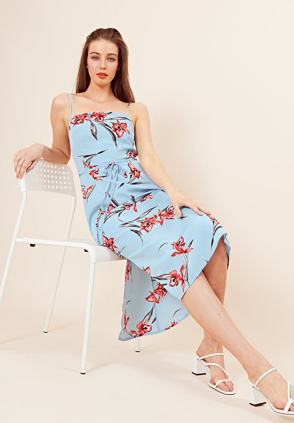 Floral Open Back Cami Midi Dress <br> Blue