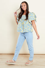 Floral Ruffle Swing Blouse - Yellow