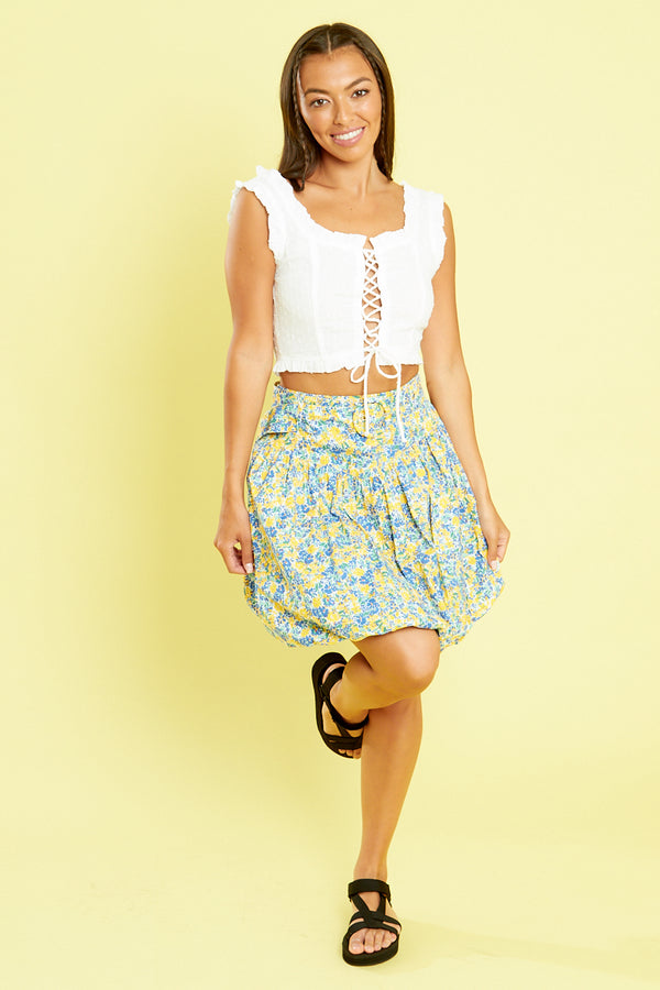 Puffball Belted Ditsy Mini Skirt - Yellow