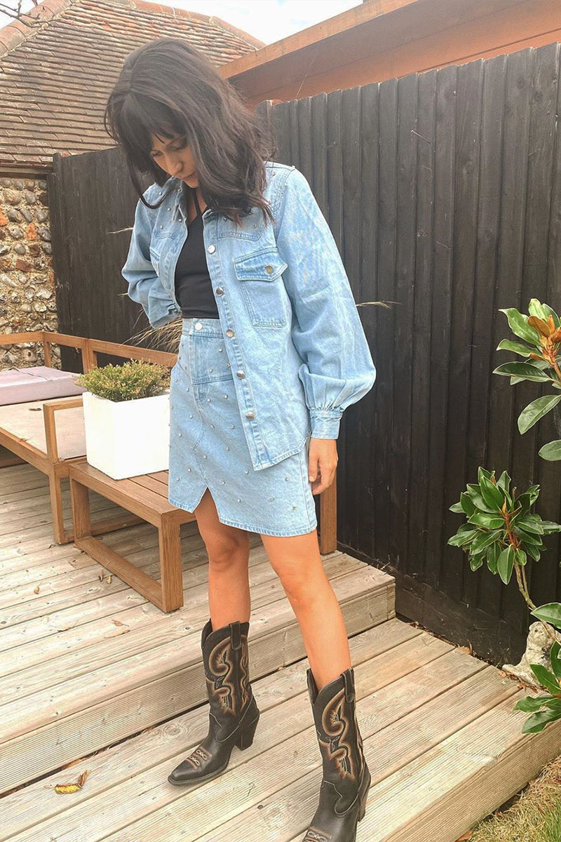 Gem Embellished Denim Mini Skirt Blue