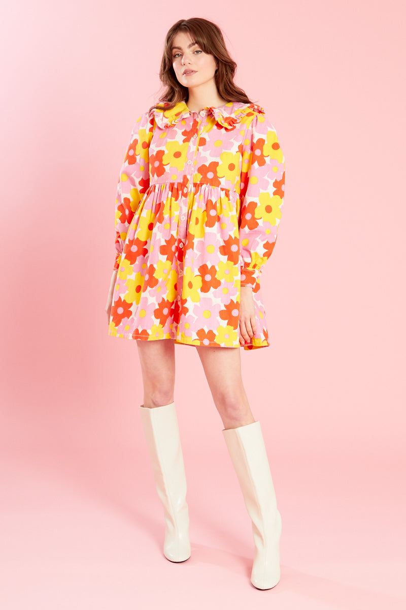 Iris Denim Mini Dress With Frill Collar - Pink