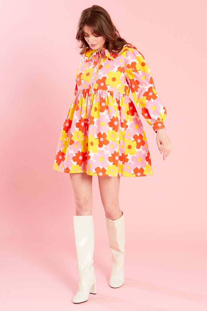 Iris Denim Mini Dress With Frill Collar - Pink