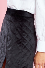 Diamond Quilted Velvet Mini Skirt with Split <br/> Black