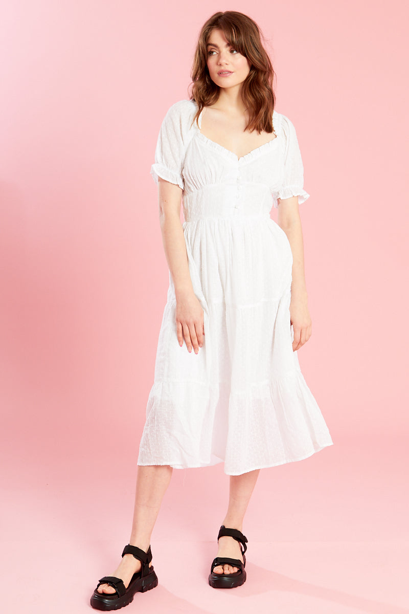Textured Dobby Tiered Midi Dress <br/> White