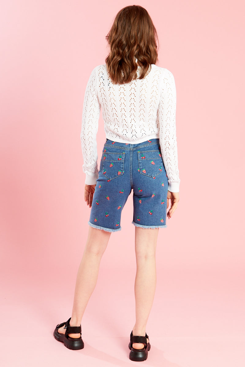 Dolly Fruit Embroidery Denim Shorts - Blue