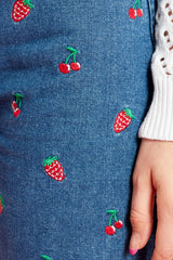 Dolly Fruit Embroidery Denim Shorts - Blue