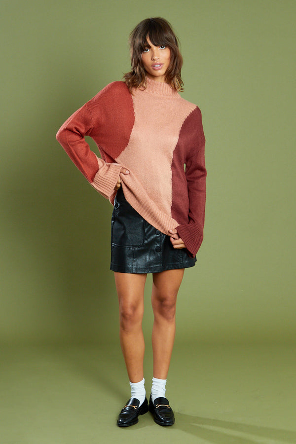 Swirl Colour Block Jumper with Roll Neck <br/> Pink