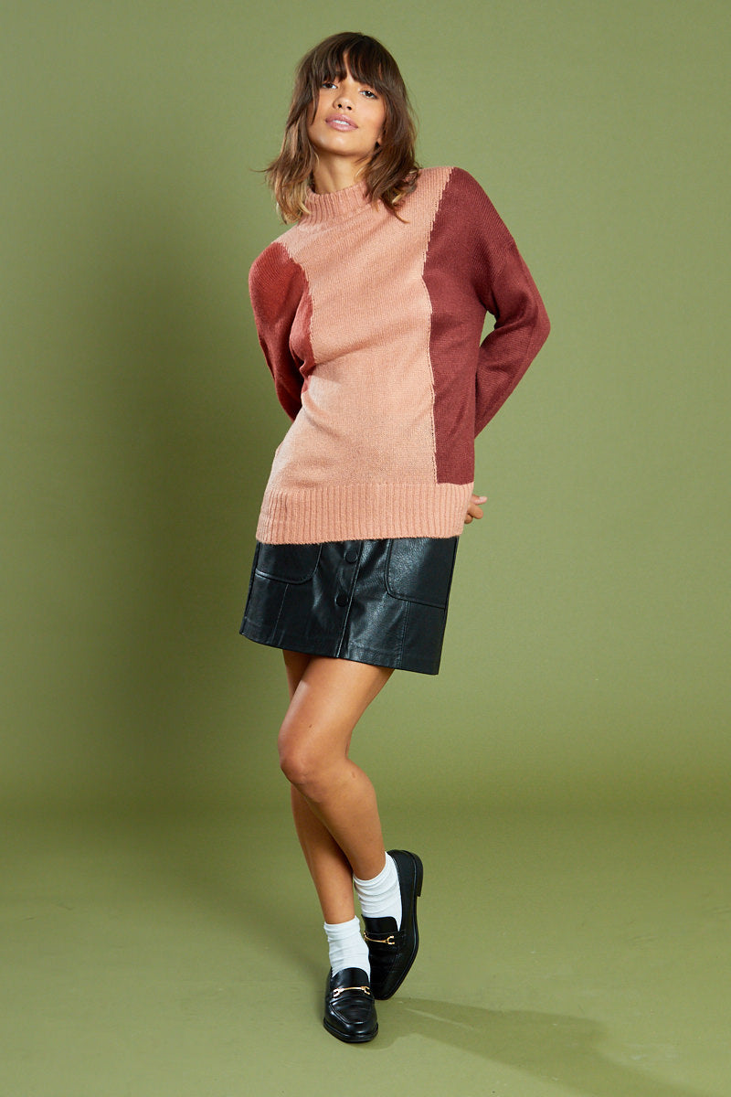 Swirl Colour Block Jumper with Roll Neck <br/> Pink