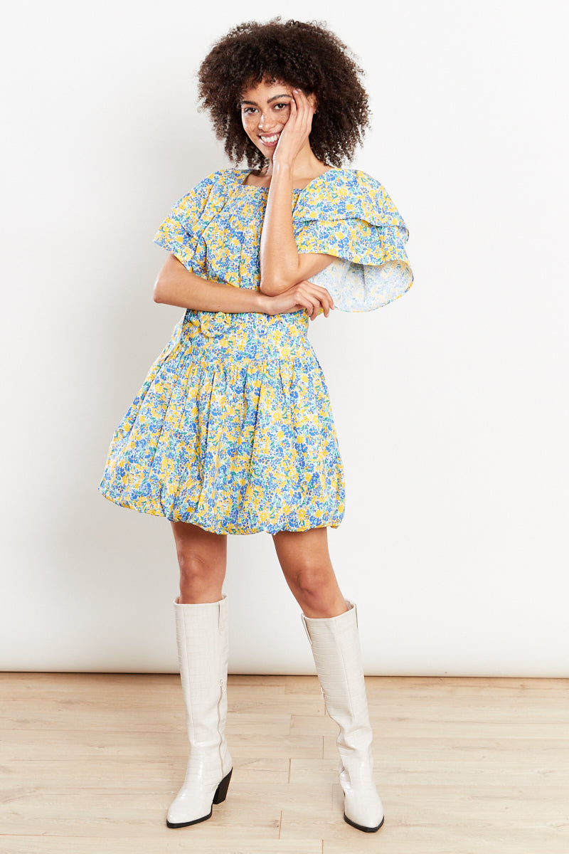 Floral Ruffle Swing Blouse - Yellow