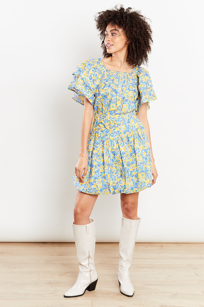 Floral Ruffle Swing Blouse - Yellow