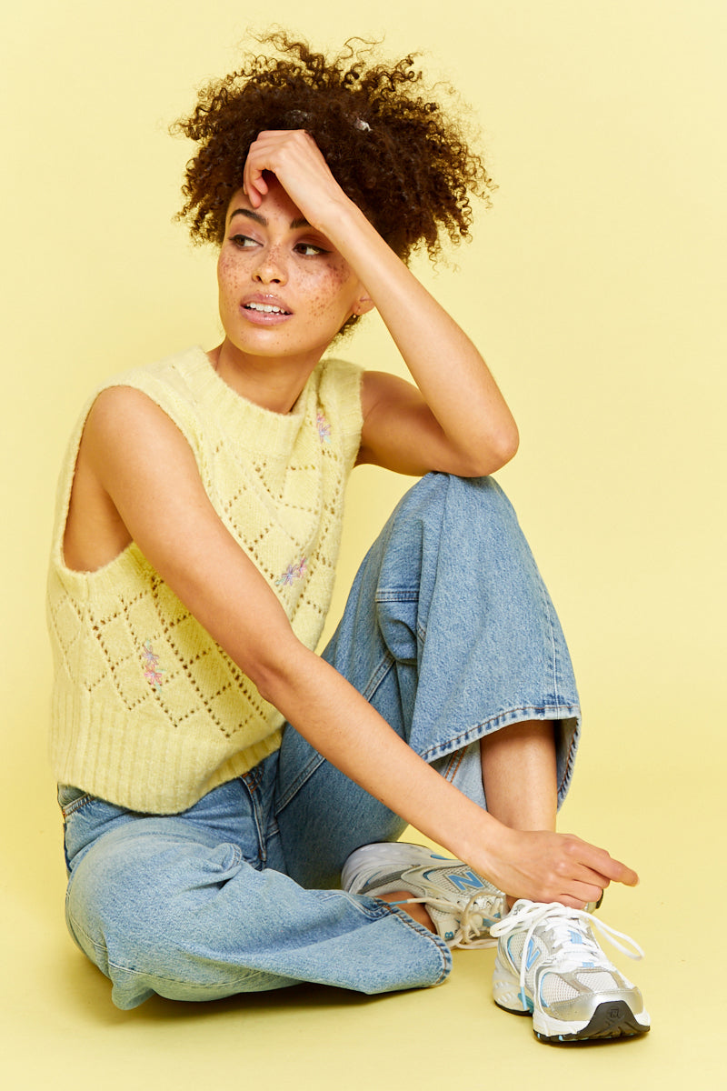 Knitted Sweater Vest with Floral Embroidery - Yellow
