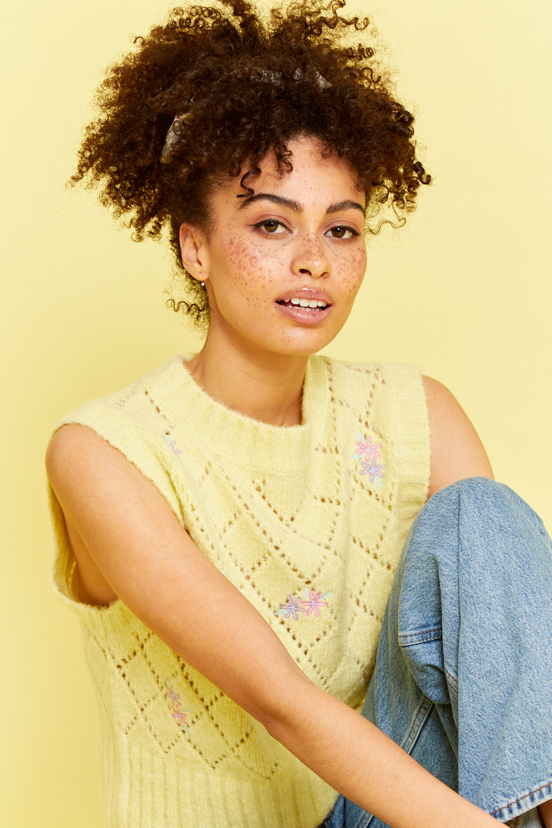 Knitted Sweater Vest with Floral Embroidery - Yellow