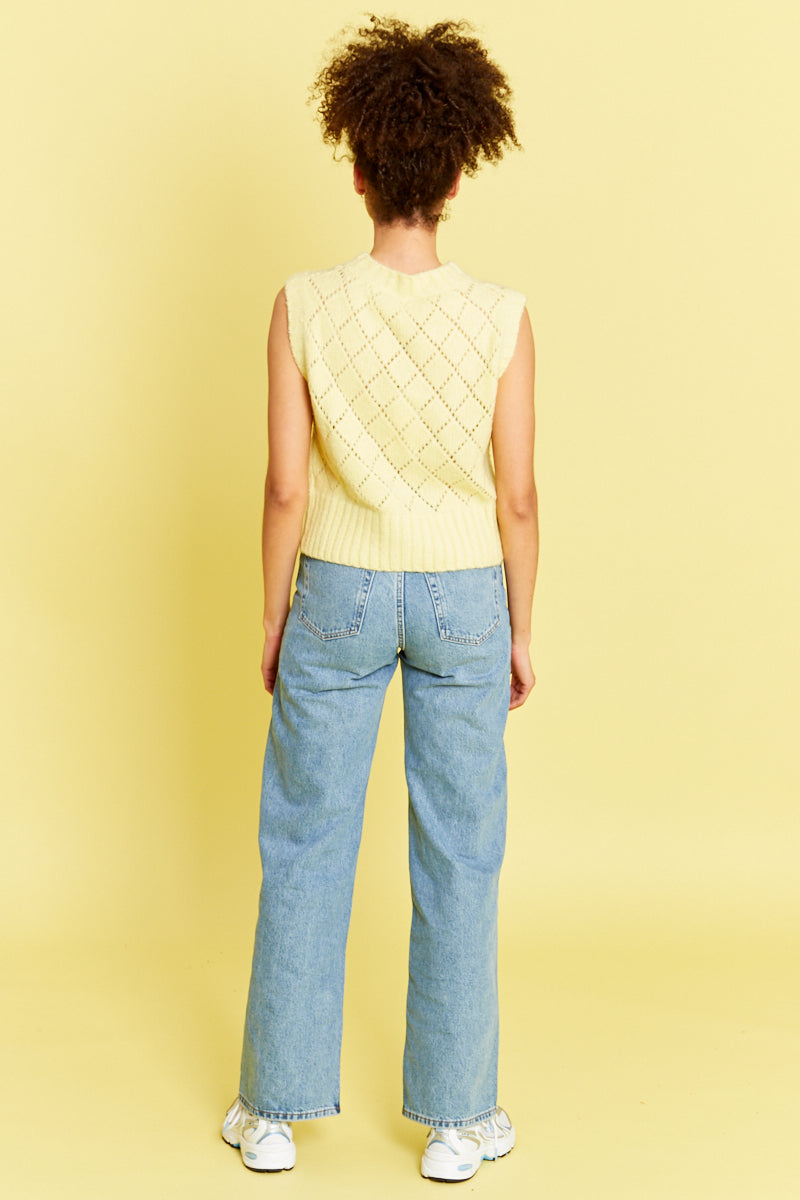 Knitted Sweater Vest with Floral Embroidery - Yellow