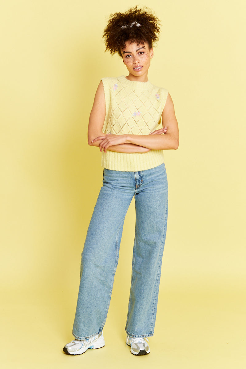 Knitted Sweater Vest with Floral Embroidery - Yellow