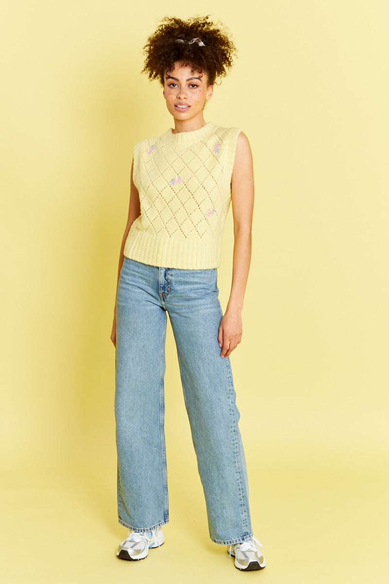 Knitted Sweater Vest with Floral Embroidery - Yellow