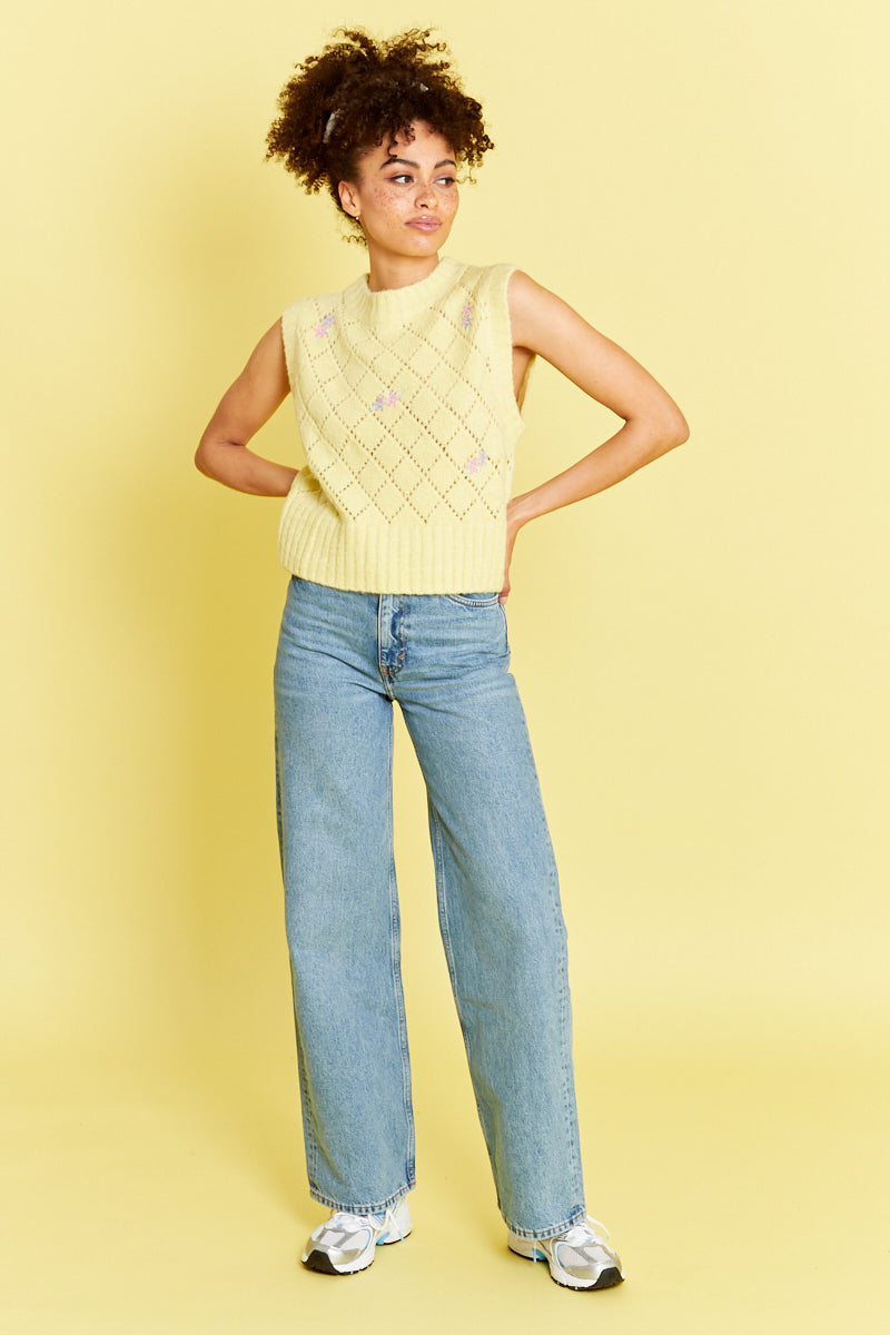Knitted Sweater Vest with Floral Embroidery - Yellow