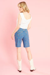 Dolly Fruit Embroidery Denim Shorts - Blue