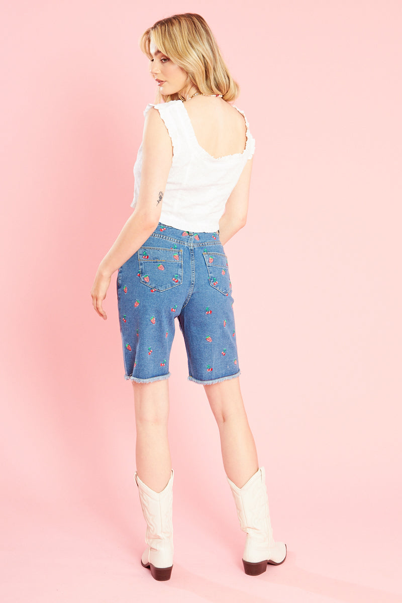 Dolly Fruit Embroidery Denim Shorts - Blue