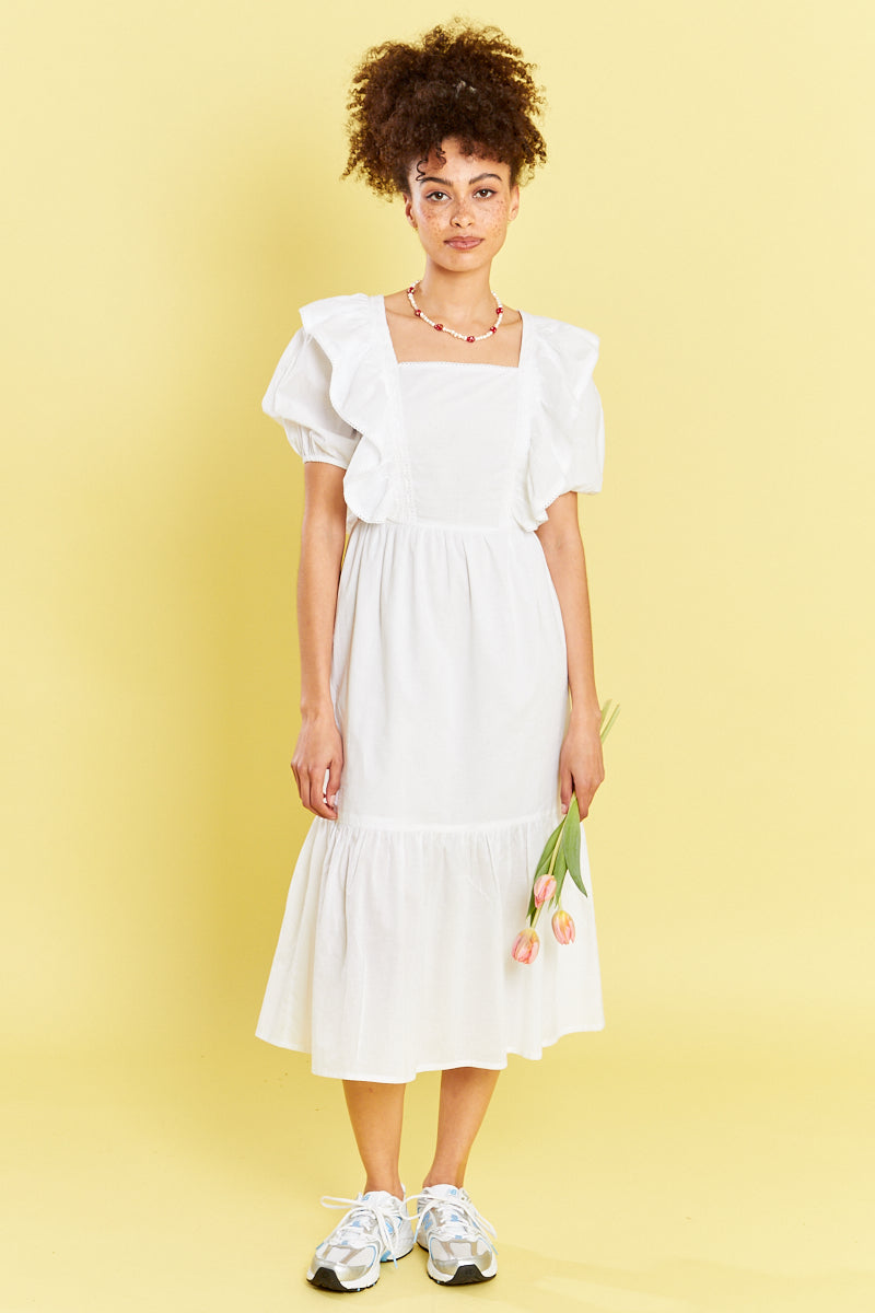 Ruffle Front Midi Dress  - White