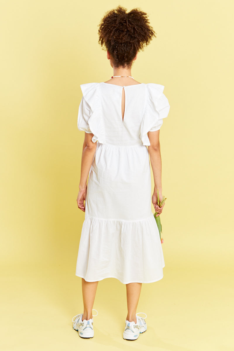 Ruffle Front Midi Dress  - White