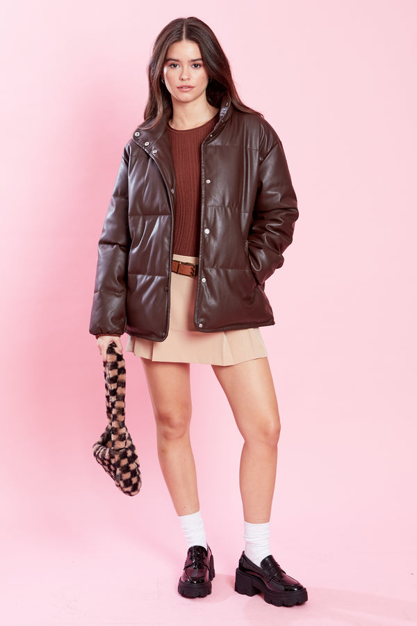 Harley Faux Leather Puffer Coat - Brown