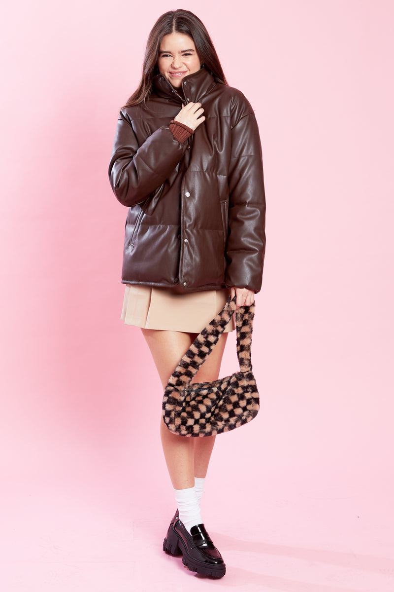 Harley Faux Leather Puffer Coat - Brown