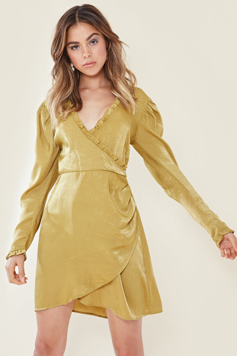 Satin Wrap Front Midi Dress </br> Green