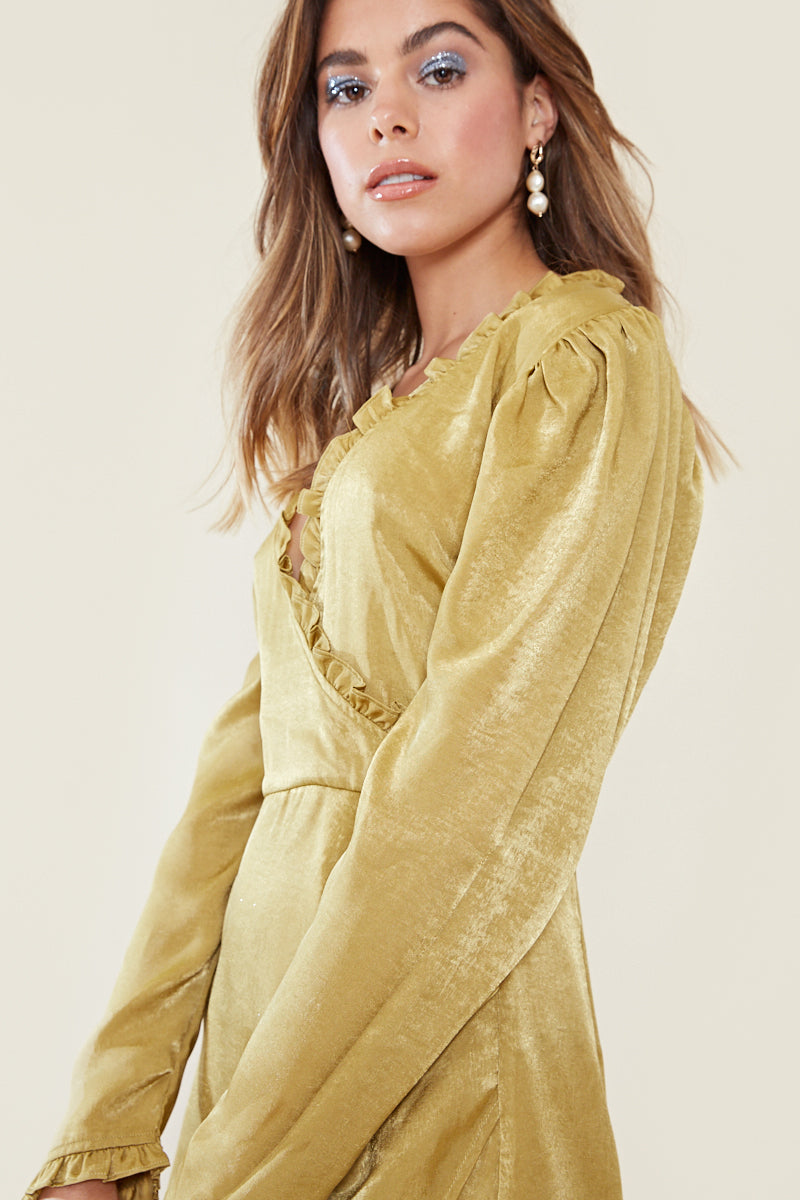 Satin Wrap Front Midi Dress </br> Green
