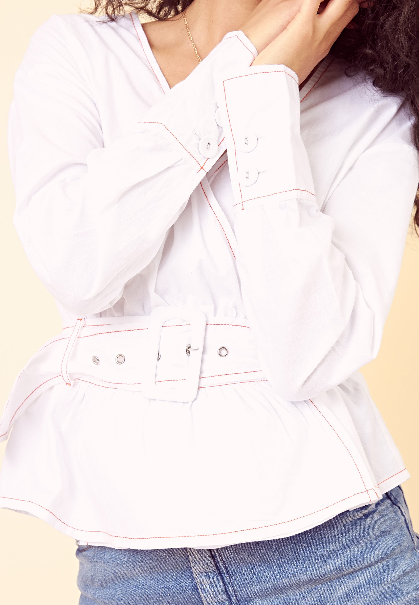 Wrap Belted Contrast Stitch Blouse <br> White