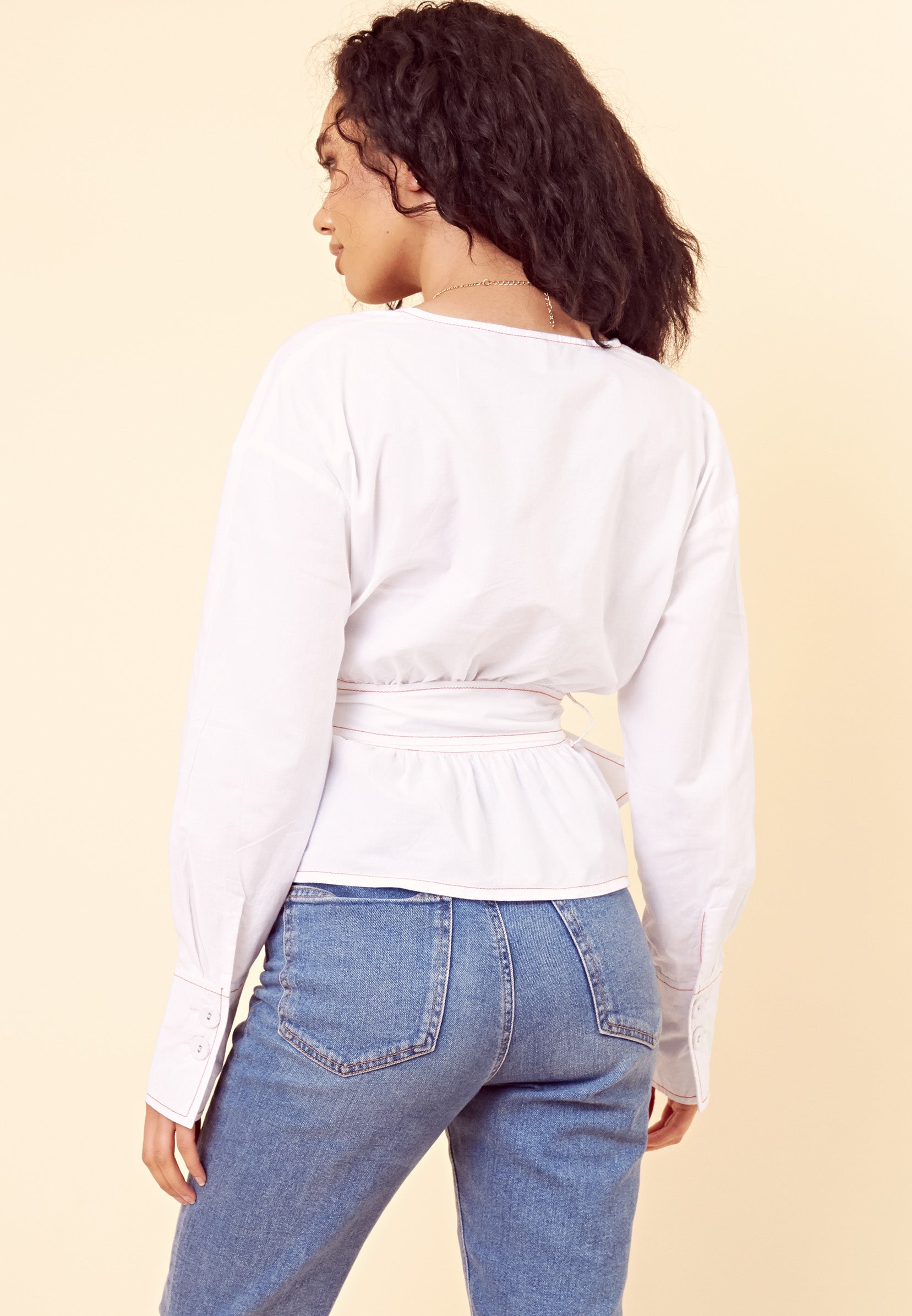 Wrap Belted Contrast Stitch Blouse <br> White
