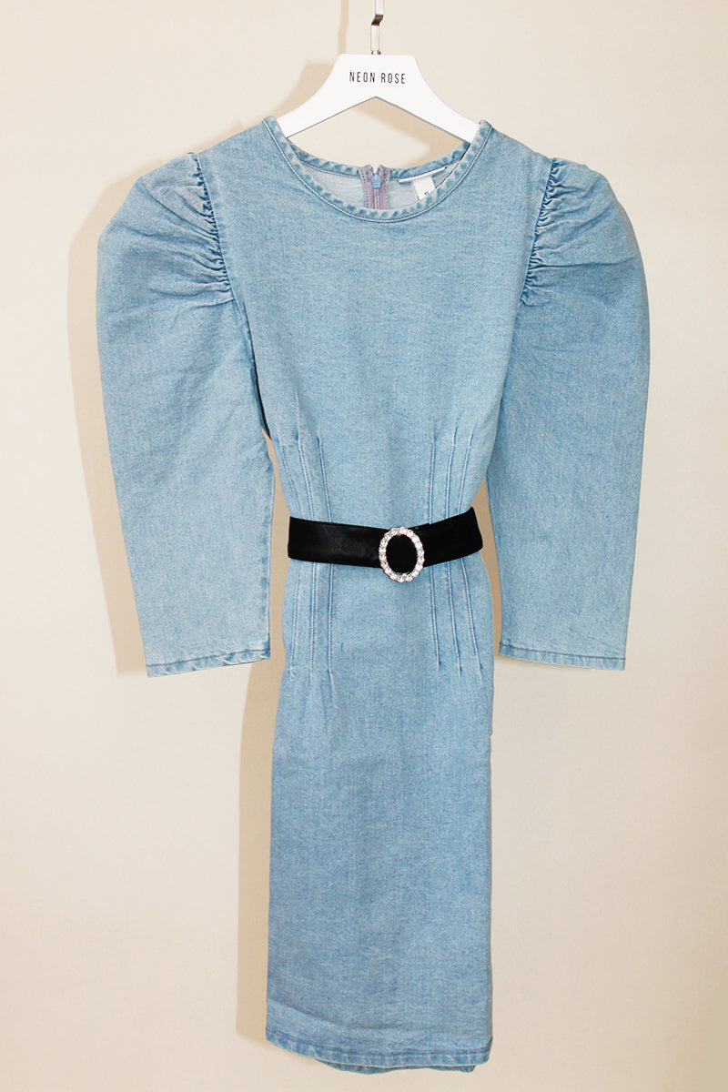 Puff Sleeves Fitted Denim Mini Dress <br/> Blue