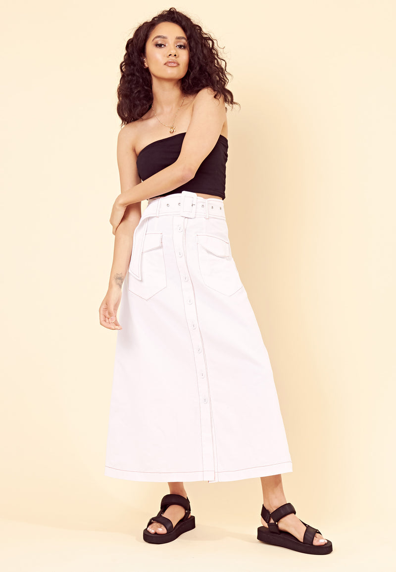 Contrast Stitch Utility Belted Maxi Skirt <br> White